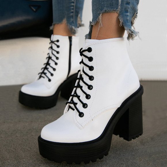 White Lace-Up Combat Ankle Boot Booties Platform Chunky High Heel Lug Sole - Picture 1 of 6